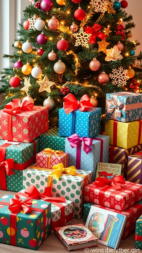 A collection of Christmas gifts for an 8-year-old girl, including art supplies, books, and games under a decorated tree.
